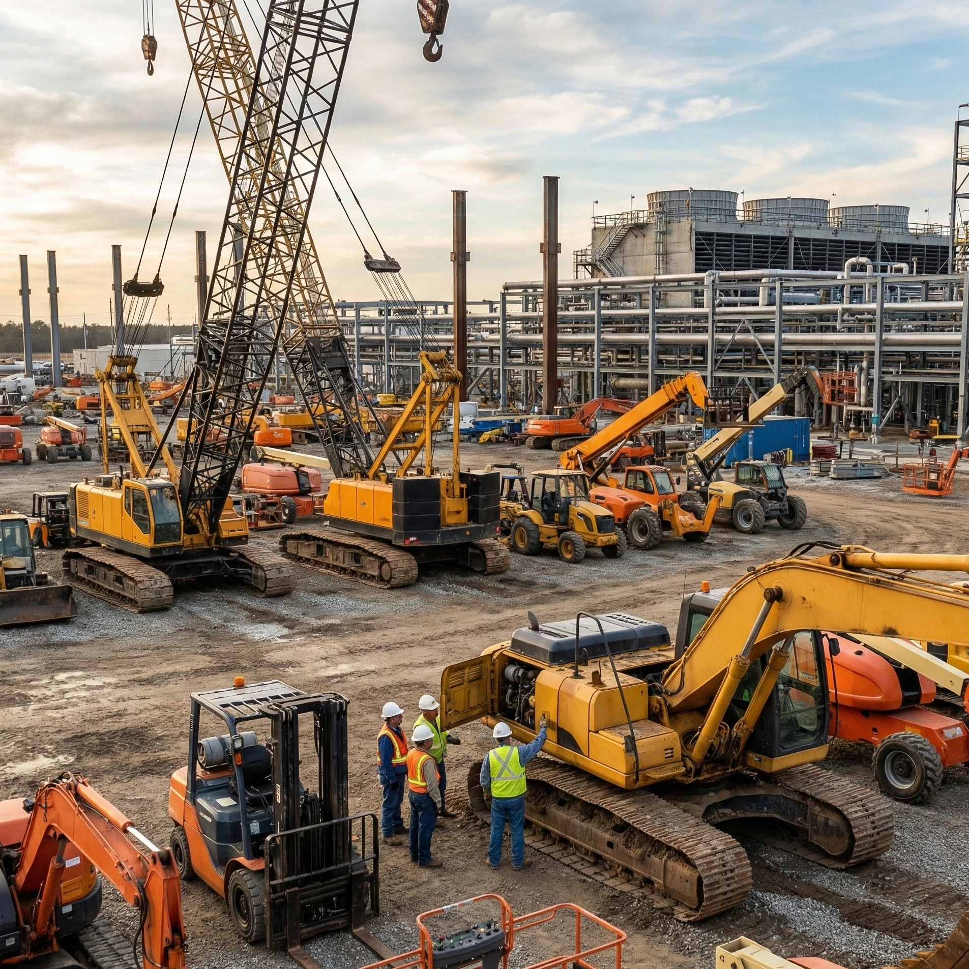 A wide view of a busy equipment yard at a large industrial construction site, filled with various pieces of heavy yellow and orange machinery including crawler cranes, excavators, and forklifts.