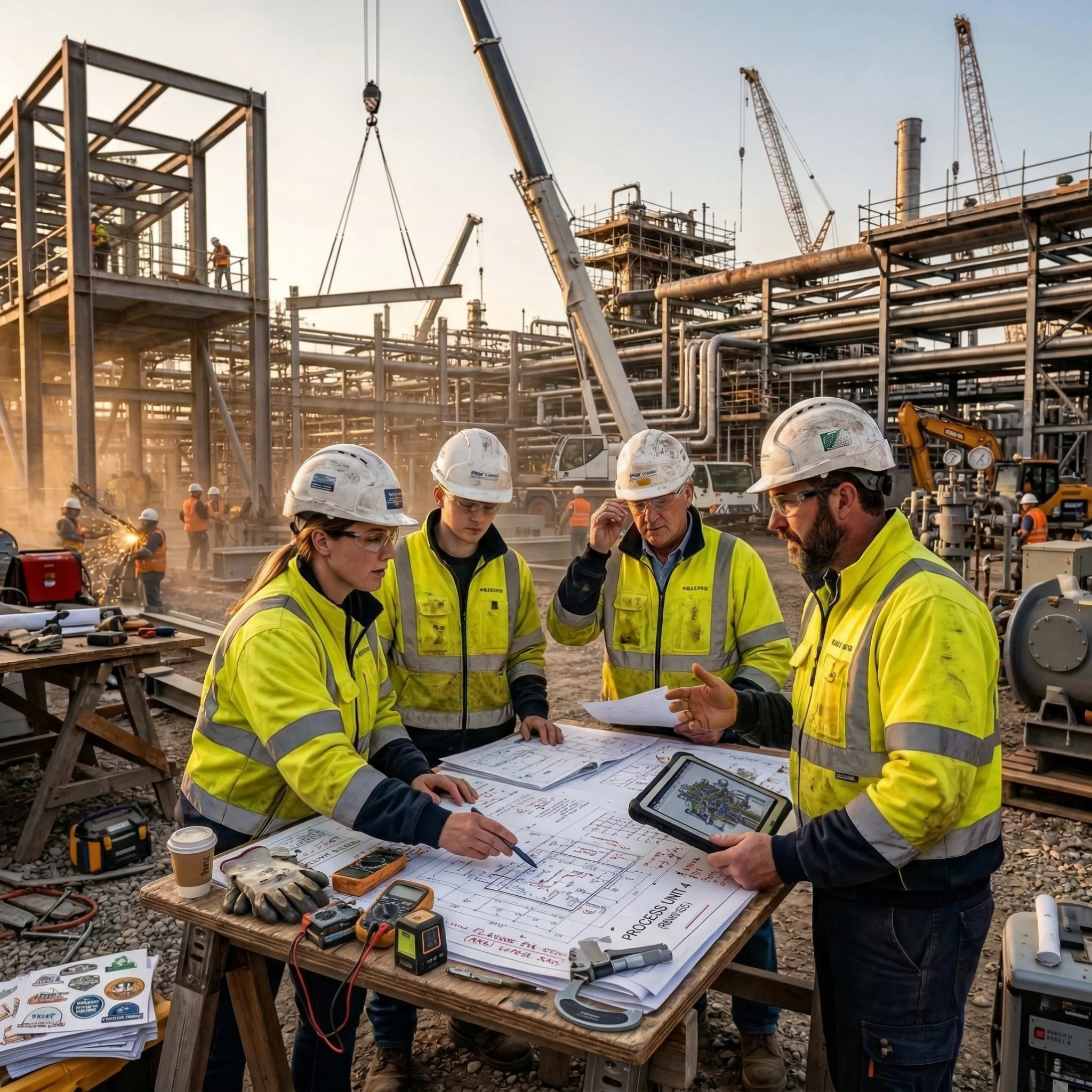 A highly detailed, realistic photograph of four industrial engineers in hard hats and reflective safety jackets gathered around a wooden makeshift table at an active construction site.