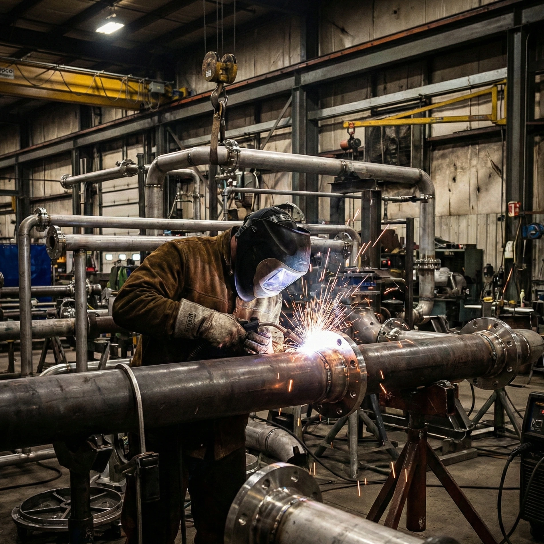 A professional photograph shows a welder in a protective helmet and gear actively welding a large metal pipe in a busy industrial workshop.
